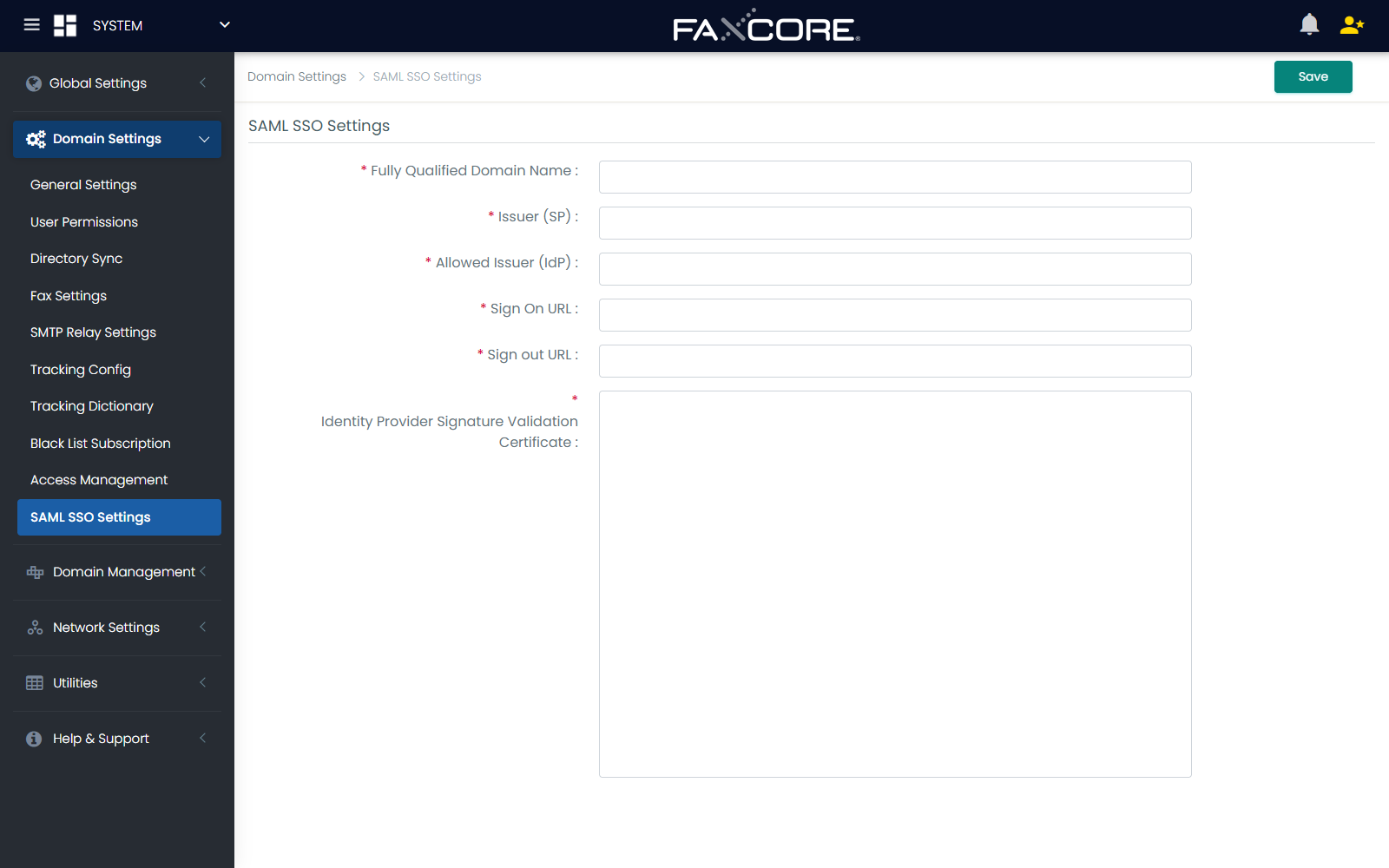FaxCore SAML SSO Settings