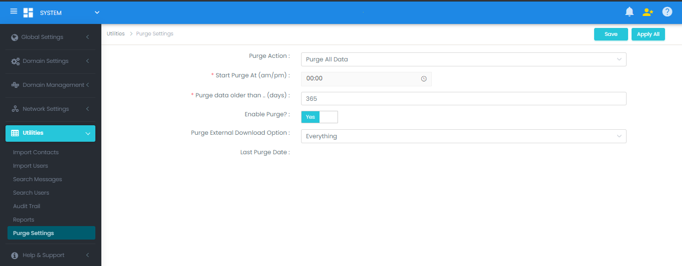 Purge Configuration Screen