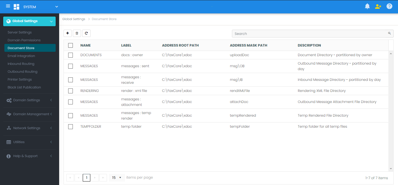 Document Stores Configuration Grid
