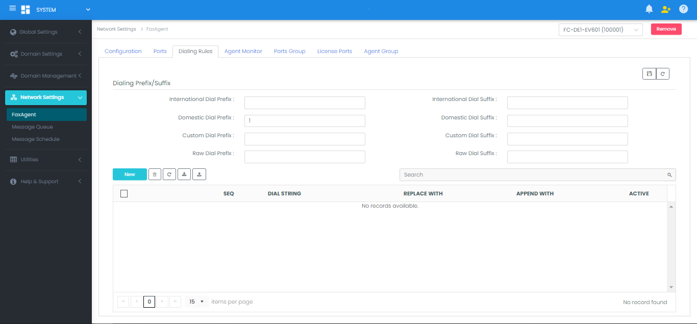 Dialing Rules Configuration Screen