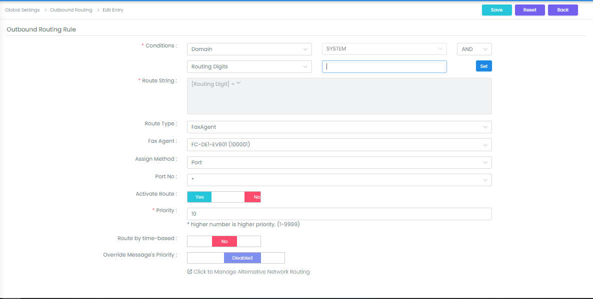 Outbound Routing Rule Dialog