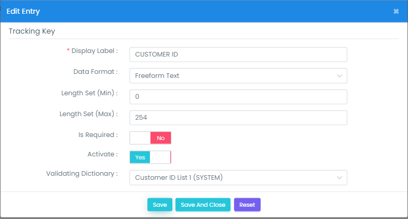 Create Tracking Key Dialog